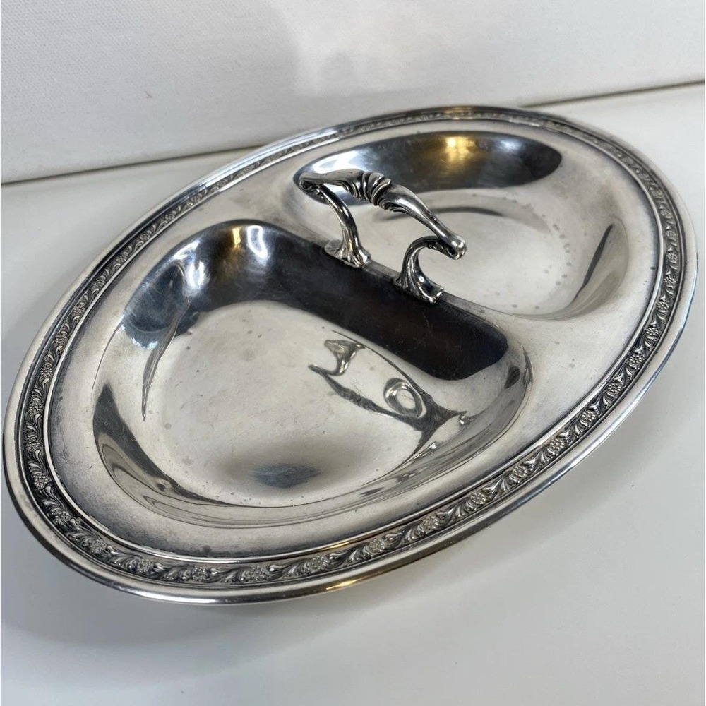 Vintage Oval Sterling Silver Divided Relish Serving Dish With Handle 8 1/2"